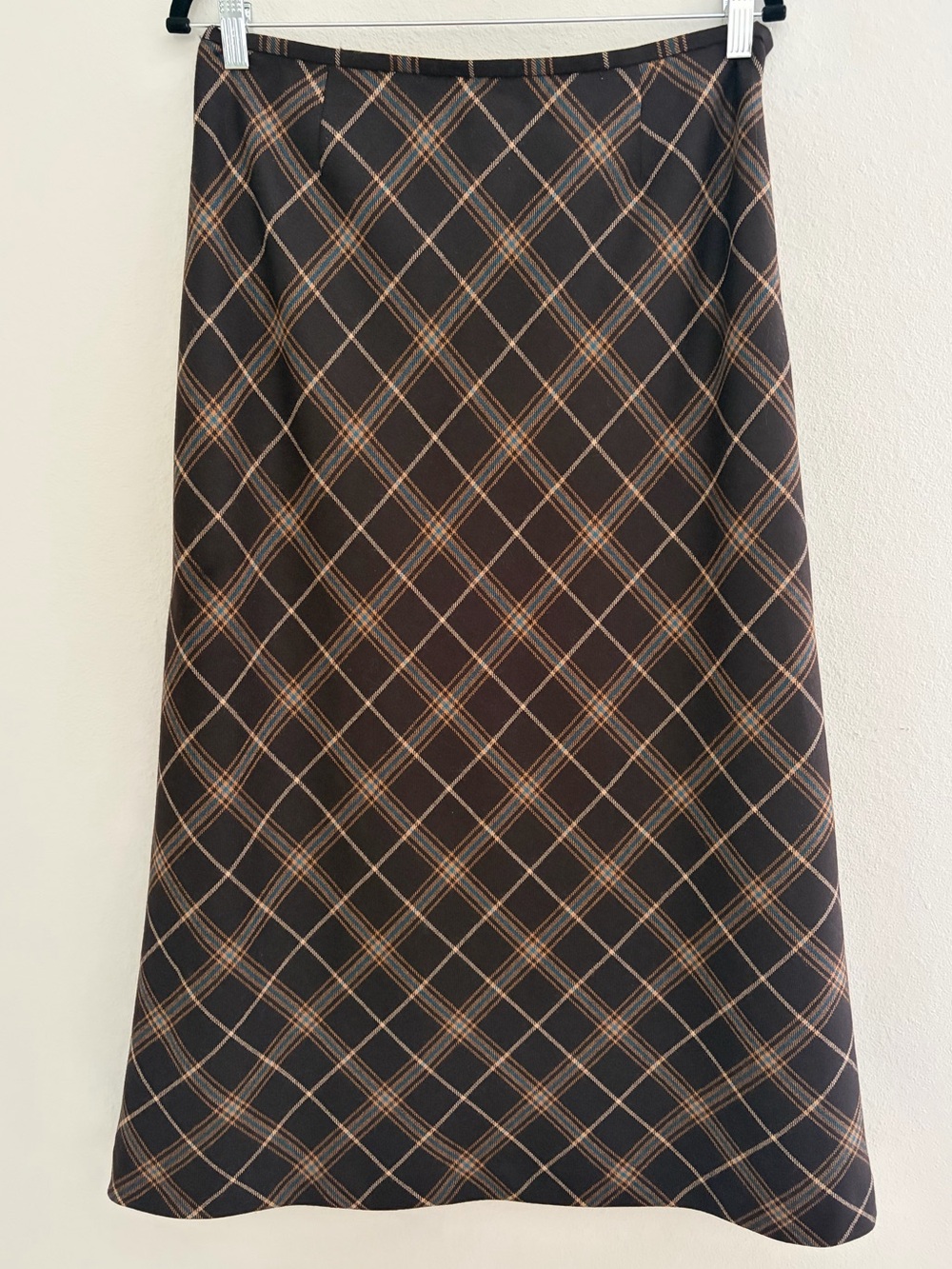 Vintage Dana Buchman Chocolate Brown 100% Wool Plaid A-Line Maxi Skirt Hong Kong